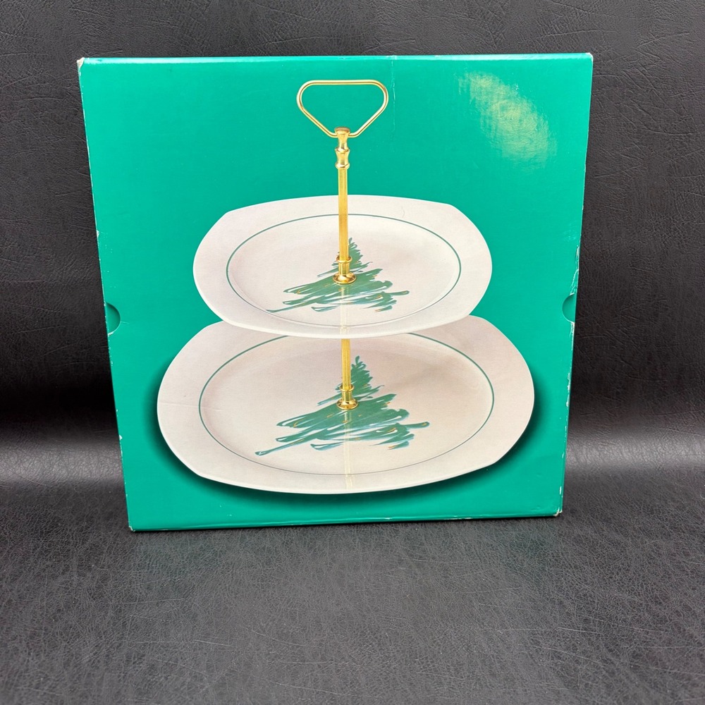 Nikko Evergreen Two-Tier Tray Christmas Tree Ceramic Serving Stand Made in Japan